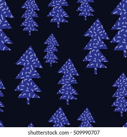 Unusual Seamless pattern with blue decorative christmas trees on dark background. Wrapping paper. Hand drawn Vector illustration.