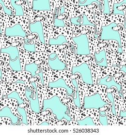 Unusual seamless pattern with cartoon cute dalmatians. For wallpaper, pattern fills, greeting cards, webpage backgrounds, wrapping paper and textile or fabric. Vector illustration.