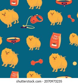 Unusual seamless pattern with cartoon dogs. Pomeranian spitz. Good for wallpaper, pattern fills, greeting cards, webpage backgrounds, wrapping paper, textile or fabric. Vector illustration