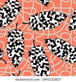 Unusual seamless pattern with checkered banana leaves and ropes on red background. Exotic print for textile, wallpaper, wrapping-paper, gift-paper, cover, home decor, tile. Vector illustration.