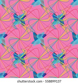 Unusual seamless pattern with colorful abstract geometrical shapes and symmetrical lines.