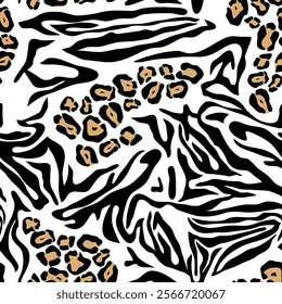 Unusual seamless pattern combining leopard spots and tiger stripes on white background. Minimalistic palette. Creative fashionable print for textile, wrapping-paper, cover, home decor, tile. Vector.