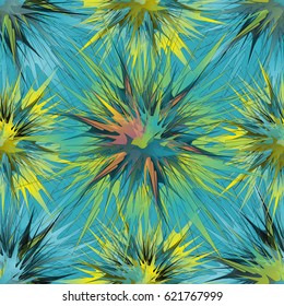 Unusual seamless pattern with complicated geometric stars on turquoise background. Sparkle abstract artwork for poster, print, fabric.