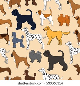 Unusual seamless pattern with cute cartoon dogs. Different breeds. Good for wallpaper, pattern fills, greeting cards, webpage backgrounds, wrapping paper and textile or fabric. Vector illustration.