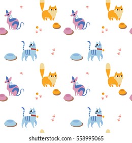 Unusual seamless pattern with cute cartoon cats. Good for wallpaper, pattern fills, greeting cards, webpage backgrounds, wrapping paper and textile or baby fabric. Vector illustration
