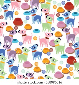 Unusual seamless pattern with cute cartoon dogs. Bullterriers. Good for wallpaper, pattern fills, greeting cards, webpage backgrounds, wrapping paper and textile or baby fabric. Vector illustration