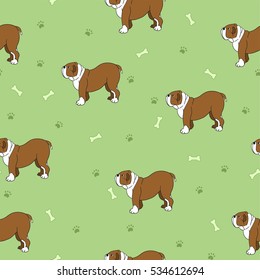 Unusual seamless pattern with cute dogs, bones and paws. Breed bulldog.  Good for wallpaper, pattern fills, greeting cards, webpage backgrounds, wrapping paper and textile or fabric. Vector.