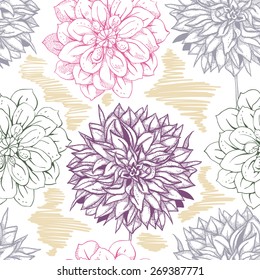 Unusual seamless pattern with daffodils and dahlias