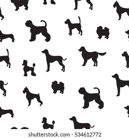 Unusual seamless pattern with dog silhouettes.  Set of  different breeds. Good for wallpaper, pattern fills, greeting cards, webpage backgrounds, wrapping paper and textile or fabric. Vector.