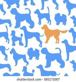 Unusual seamless pattern with dog silhouettes.  Set of  different breeds. Good for wallpaper, pattern fills, greeting cards, webpage backgrounds, wrapping paper and textile. Vector illustration. 