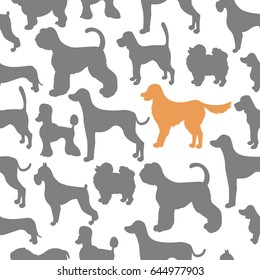 Unusual seamless pattern with dog silhouettes.  Set of  different breeds. Good for wallpaper, pattern fills, greeting cards, backgrounds, wrapping paper and textile or fabric. Vector illustration. 