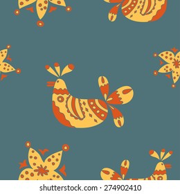Unusual seamless pattern with flowers and chicken in ethnic style
