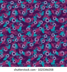 An unusual seamless pattern in the form of blue abstract figures through which the light purple little flowers or gears are visible on a dark violet background