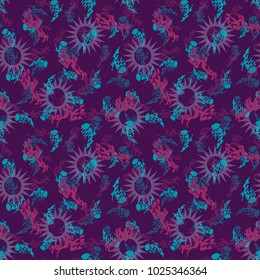 An unusual seamless pattern in the form of blue abstract forms through which the light purple flowers or gears are visible on a dark violet background