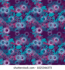 An unusual seamless pattern in the form of blue abstract figures through which the light purple flowers or gears are visible on a dark violet background