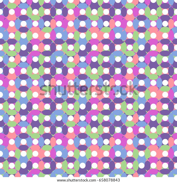 Unusual seamless pattern made\
of round shapes in different pastel colors - green, pink, purple,\
blue with white centers, oval and round shapes,overlay CD\
illusion
