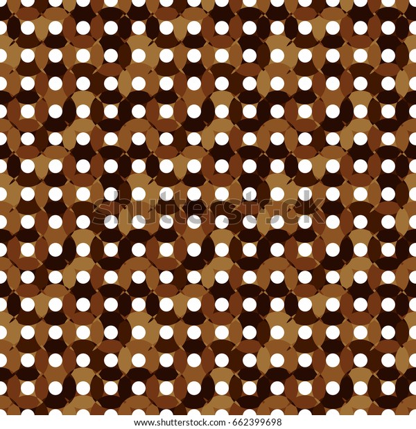Unusual seamless pattern made\
of round shapes in different brown colors - chocolate imitation,\
with white centers, oval and round shapes,overlay CD\
illusion