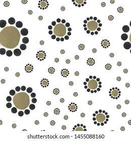 Unusual Seamless pattern Polka Dark yellow color in a frame of a black circle. Perfect for your design, textile, pattern fills, box, posters, cards, etc. Pattern under the mask. Vector.