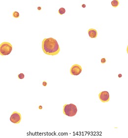 Unusual Seamless Pattern Polka Dots of yellow with purple colors. Perfect for your design, textile, pattern fills, box, posters, cards, web page background etc. Pattern under the mask. Vector.