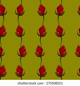 Unusual seamless pattern with rose buds. Background with vertical wavy floral pattern.
