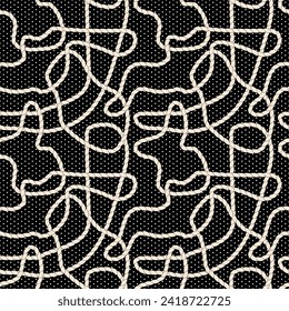 Unusual seamless pattern with stylized rough ropes on dotted black background. Minimalist palette. Exotic backdrop for textile, wallpaper, wrapping-paper, gift-paper, cover, tile. Vector.