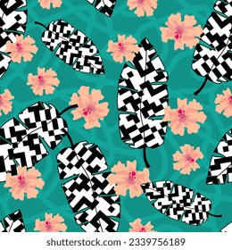 Unusual seamless pattern with tropical flowers and checkered leaves on doodle blue background. Exotic print for textile, wallpaper, wrapping-paper, cover, scrapbooking, greeting card. Vector image.