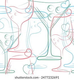 unusual seamless pattern with various cocktail glasses drawn in line art style superimposed on each other, for packaging, posters or banners