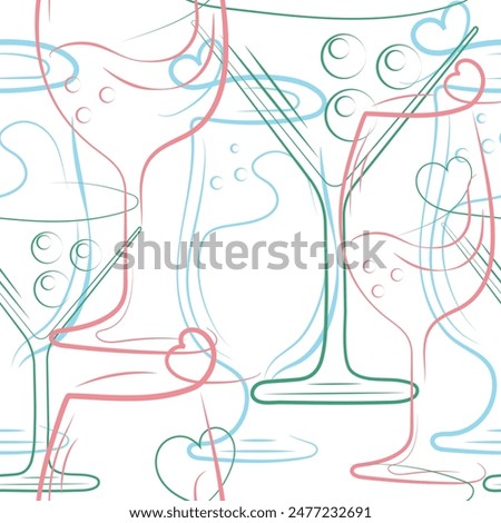 unusual seamless pattern with various cocktail glasses drawn in line art style superimposed on each other, for packaging, posters or banners