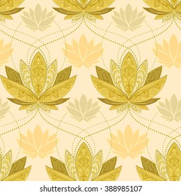 unusual seamless vector background lotus with mehendi elements in beige color