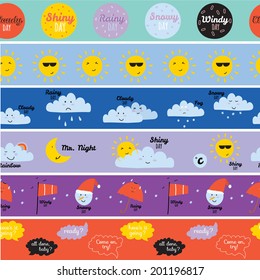 Unusual seamless vector childish pattern with cartoon and funny smiley weather icons. Vector illustration in cute style. Can be used like happy birthday cards. Sunny, cloudy, rainy, snowy, windy.