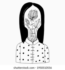 Unusual self portrait and blooming soul  Hand  drawn vector illustration for your poetic design 