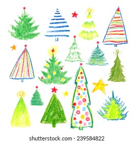 unusual set of christmas tree drawn with crayons, vector