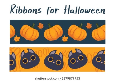 Unusual set of Halloween ribbons. One strip features pumpkins against a dark background, while the other features cat faces and the word “Boo!” orange base. Perfect for adding some Halloween magic