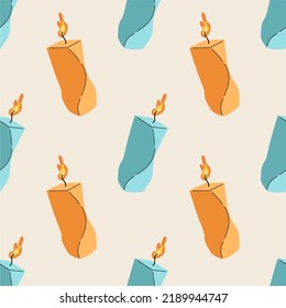 Unusual shape candles, seamless pattern. The concept of coziness and home comfort. Flat design, cartoon drawing, vector illustration.