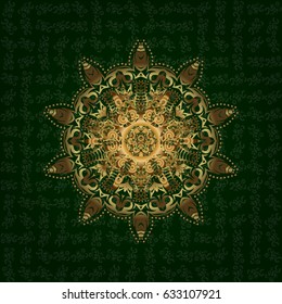 Unusual shape oriental line. Anti-stress therapy pattern. Vector outline Mandala on green background. Decorative round ornament. Yoga logo, background for meditation poster. Weave design element.