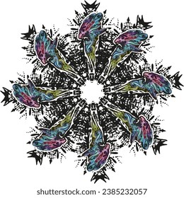 Ungewöhnliche Schneeflocke mit Vogelelement auf Weiß für Feiertage oder Veranstaltungen. Detailliertes Blumensymbol für Embleme, Etiketten, Cover, Tätowierungen, Innenausstattung, Modetrends, Stoff, Geschäftskonzepte usw.