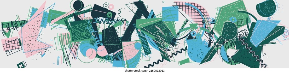 Unusual Strange Vector  Trendy Geometric Chaos Shapes Composition Background In Antidesign Maximalism Collage Teknik. Acid Figures, Distortion, Variety Of Kinks And Transformations.