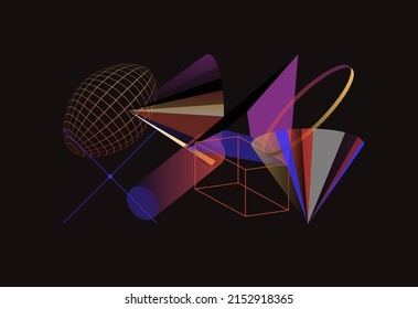 Unusual Strange Vector  Trendy Geometric Chaos Shapes Composition Background In Antidesign Maximalism Collage Teknik. Acid Figures, Distortion, Variety Of Kinks And Transformations.