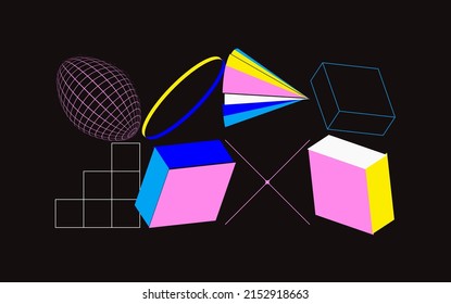 Unusual Strange Vector  Trendy Geometric Chaos Shapes Composition Background In Antidesign Maximalism Collage Teknik. Acid Figures, Distortion, Variety Of Kinks And Transformations.