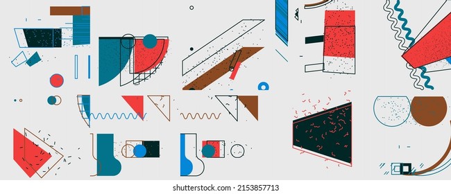 Unusual Strange Vector  Trendy Geometric Chaos Shapes Composition Background In Antidesign Maximalism Collage Teknik. Acid Figures, Distortion, Variety Of Kinks And Transformations.