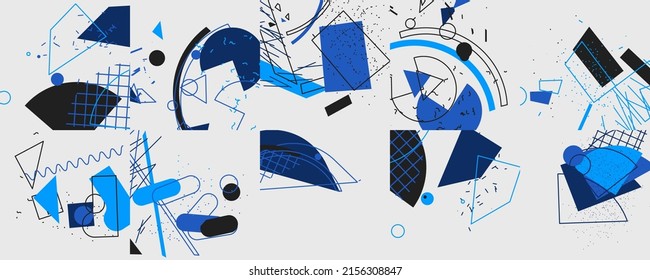 Unusual Strange Vector  Trendy Geometric Chaos Shapes Composition Background In Antidesign Maximalism Collage Teknik. Acid Figures, Distortion, Variety Of Kinks And Transformations.