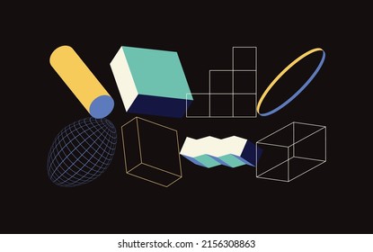 Unusual Strange Vector  Trendy Geometric Chaos Shapes Composition Background In Antidesign Maximalism Collage Teknik. Acid Figures, Distortion, Variety Of Kinks And Transformations.