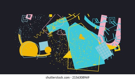 Unusual Strange Vector  Trendy Geometric Chaos Shapes Composition Background In Antidesign Maximalism Collage Teknik. Acid Figures, Distortion, Variety Of Kinks And Transformations.