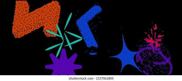 Unusual Strange Vector  Trendy Geometric Chaos Shapes Composition Background In Antidesign Maximalism Collage Teknik. Acid Figures, Distortion, Variety Of Kinks And Transformations.