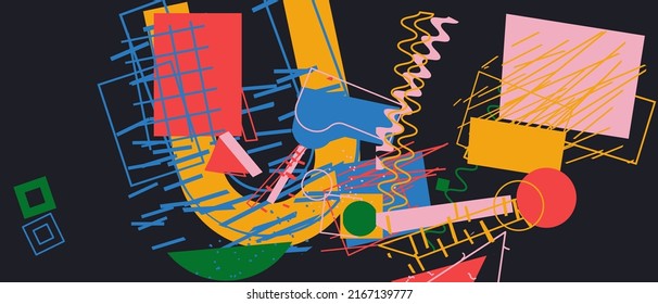 Unusual Strange Vector  Trendy Geometric Chaos Shapes Composition Background In Antidesign Maximalism Collage Teknik. Acid Figures, Distortion, Variety Of Kinks And Transformations.