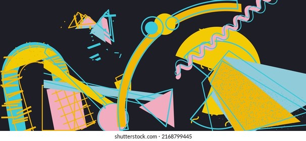 Un Vector Extraño Inusual: El Caos Geométrico De Moda Forma El Fondo De La Composición En El Tejido De Collage Antidiseño Máximo. Cifras De Ácido, Distorsión, Variedad De Codos Y Transformaciones.