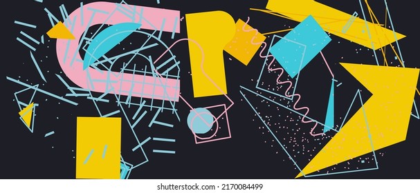 Unusual Strange Vector  Trendy Geometric Chaos Shapes Composition Background In Antidesign Maximalism Collage Teknik. Acid Figures, Distortion, Variety Of Kinks And Transformations.