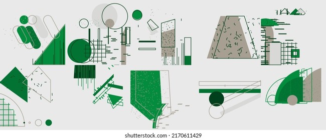 Unusual Strange Vector  Trendy Geometric Chaos Shapes Composition Background In Antidesign Maximalism Collage Teknik. Acid Figures, Distortion, Variety Of Kinks And Transformations.