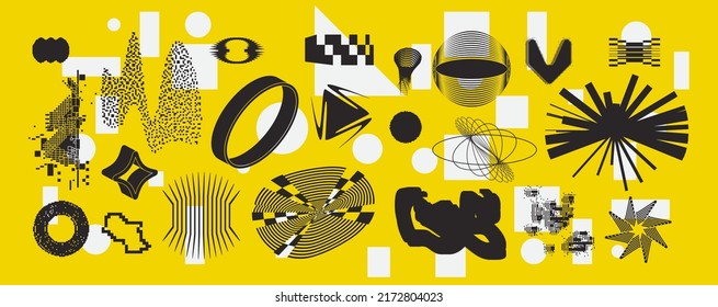 Un Vector Extraño Inusual: El Caos Geométrico De Moda Composición De Fondo En La Técnica De Collage Antidiseño Máximo. Cifras De Ácido, Distorsión, Variedad De Codos Y Transformaciones.