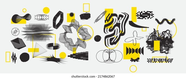 Unusual Strange Vector  Trendy Geometric Chaos Shapes Composition Background In Antidesign Maximalism Collage Technique. Acid Figures, Distortion, Variety Of Kinks And Transformations.